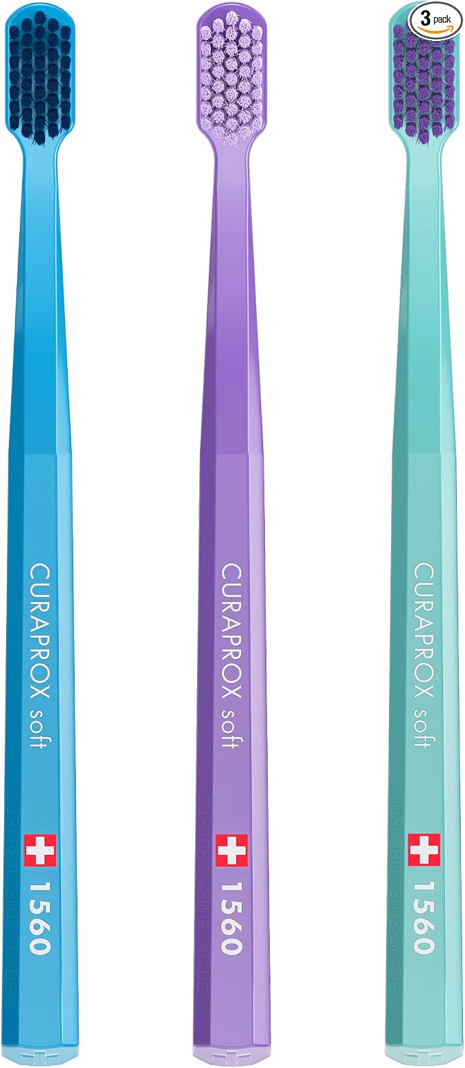 Curaprox CS 1560 Soft Toothbrush with Ultra-Fine Filaments & Compact, Slightly Angled Toothbrush Head for Improved Tooth & Gum Health, 3 Pack