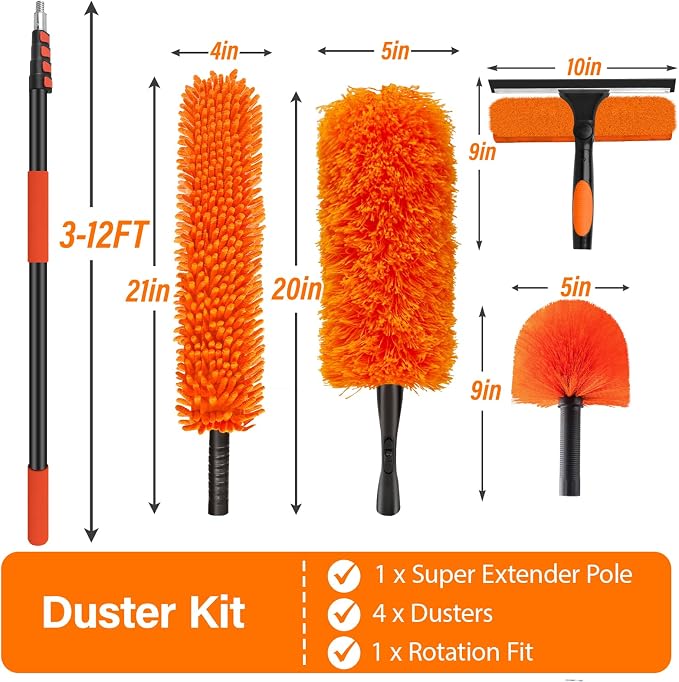 18FT High Reach Duster Cleaning Kit with 3-12 FT Extension Pole | High Ceiling Dusting and Window Cleaning Kit with Microfiber Feather Duster,Cobweb Duster,Ceiling Fan Duster,Window Squeegee