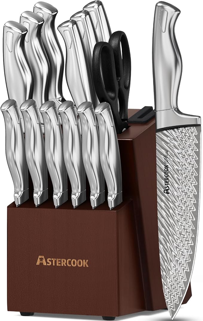 Astercook Knife Set, 15-Piece Kitchen Knife Set with Block, Built-in Knife Sharpener, German Stainless Steel Knife Block Set, Dishwasher Safe Kitchen Utensils Set