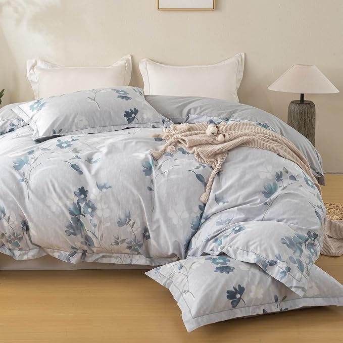 OAITE Duvet Cover Set Queen Size Floral Pattern Ultra Soft 100% Cotton Duvet Cover Sets 3-PC, Breathable Duvet Cover with Zipper Closure & Corner Ties(2 Pillow Shams,1 Duvet Cover)