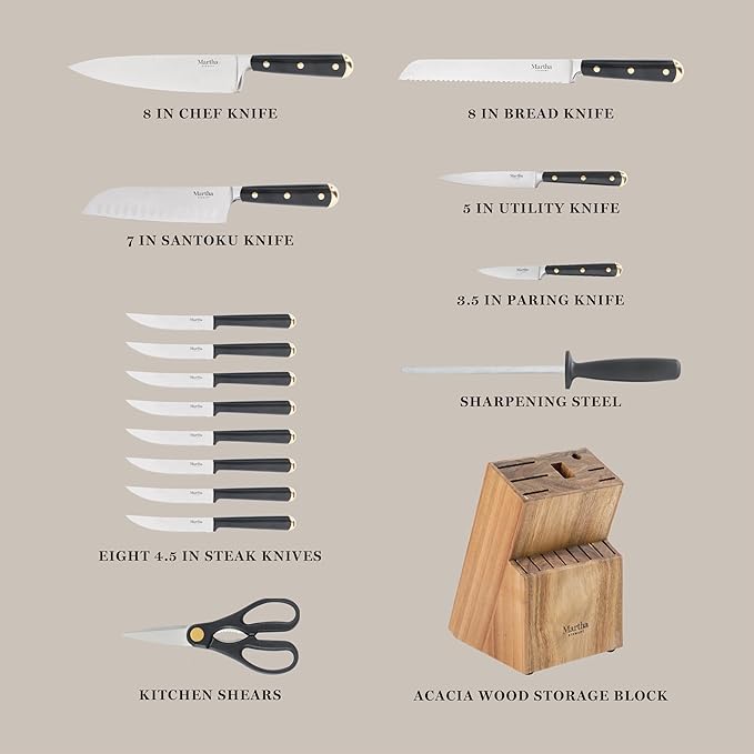 Martha Stewart 16-Piece Lockton High Carbon Stainless Steel Knife Block Set - Forged Full Tang Chef Knives, Acacia Wood Block, Triple Riveted Handles, Black & Gold