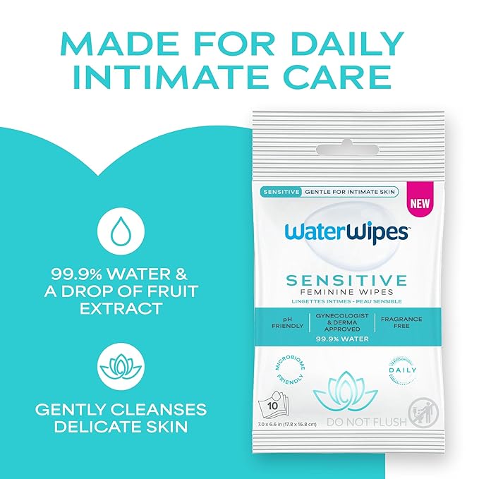 WaterWipes Sensitive Feminine Wipes, 99.9% Purified Water, pH Friendly for Daily Intimate Care, Gynecologist Approved, Fragrance Free, 50 Count (5 Packs)