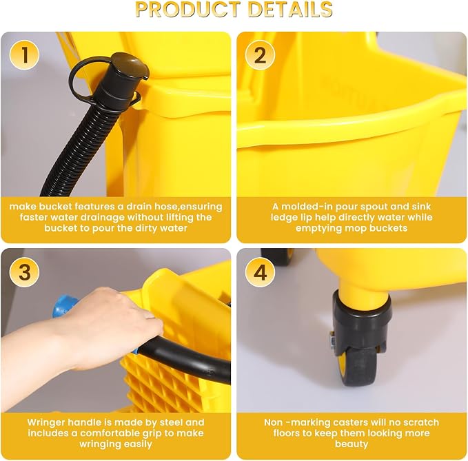 35-Quart Commercial Mop Bucket Set with Wringer on Wheels, Yellow | Mop And Bucket Set for Floor Cleaning , Including Commercial Mop and Mop Head Replacement
