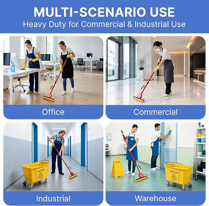 Commercial Sponge Mop for Floor Cleaning with 2 Compressed Cellulose Replacement Heads, Heavy Duty Industrial Mops for Hardwood Tile Laminate Marble, for Office Workshop Warehouse Garage Home Kitchen