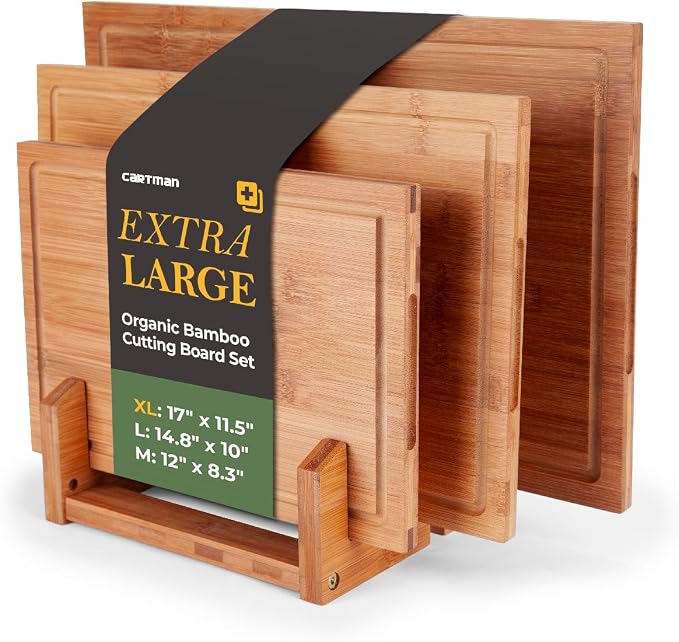CARTMAN 3-Piece Bamboo Cutting Boards for Kitchen with Stand & Holder | Includes 3 sizes & dual-purpose stand for charcuterie, 100% non-toxic bamboo, deep juice groove, warp-proof 3-layer