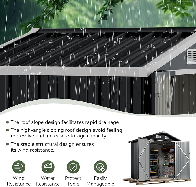 Aoxun 6.2x4 FT Shed Outdoor Storage Shed, Black | Metal Shed with Lockable Doors & Slooping Roof Garden Tool Shed for Backyard, Patio, Poolside