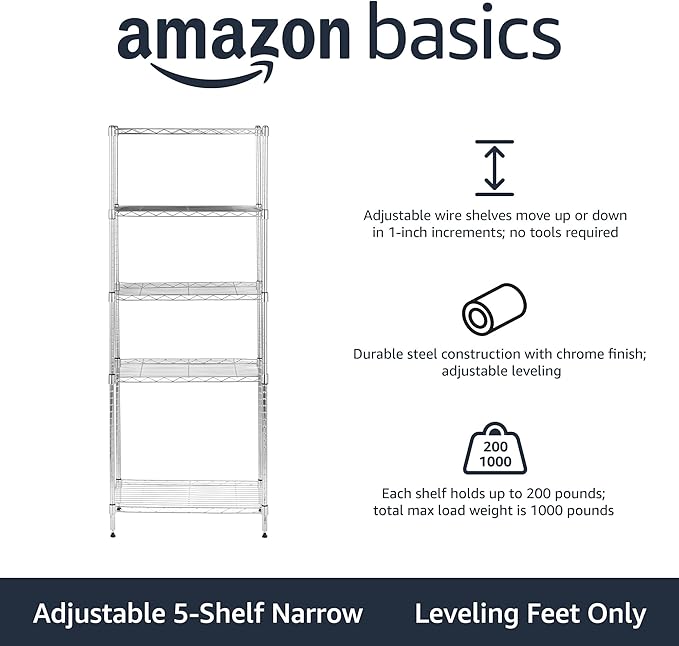 Amazon Basics 5-Shelf Adjustable Storage Shelving Unit for Garage, Steel Wire Rack, 200 Pound Loading Capacity per Shelf, 23.2" x 13.4" x 60", Chrome Finish