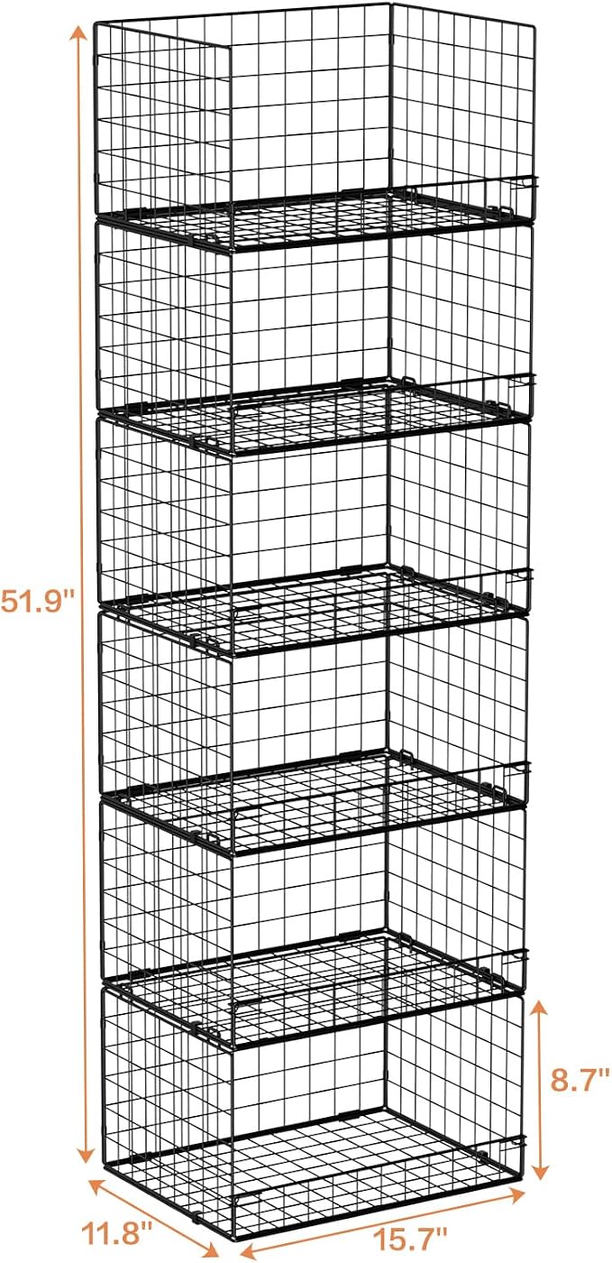 Yociyoga 6-Tier Stackable Closet Organizers and Storage Shelves, Closet Shelf Organizer Basket Bins, Foldable Sweater Storage for Clothes Organizer System, Black（Patent No. 30022416）