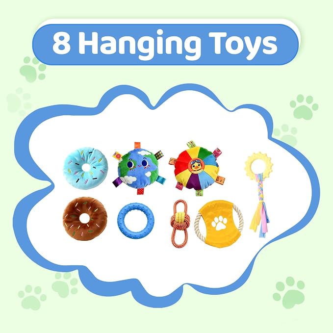 Puppy Play Gym with Hammock 8 Hanging Toys, Dog Jungle Gym Indoor Pets Cats Toys, Teething Chew Toys Puppy Gym Activities Center for Cats Adjustable Playground for Small Dogs at Home PVC Frame