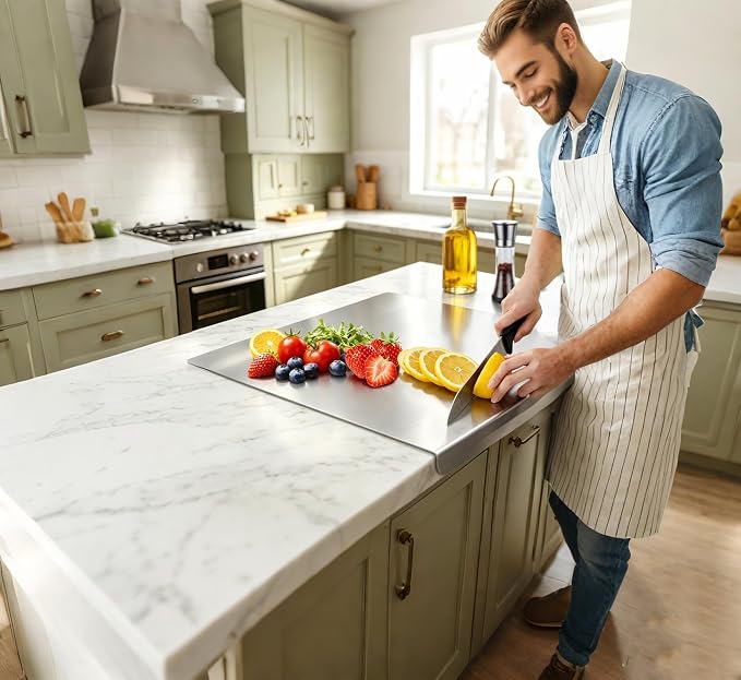2PCS Large Stainless Steel Cutting Boards with Lip, Kneading Cutting Board Mats, Metal Cutting Board for Meat, Fruits, Vegetables, Bread, Baking, Non Adhesive (19.75" x 15.75", 15.75" x 11.5")