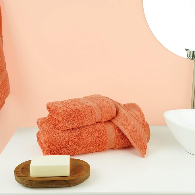 Chakir Turkish Linens Personalized 3 Piece Towel Set, 100% Cotton Luxury Turkish Towels for Bathroom, Soft Absorbent Towel Set with Bath Towel Hand Towel and Washcloth, Coral