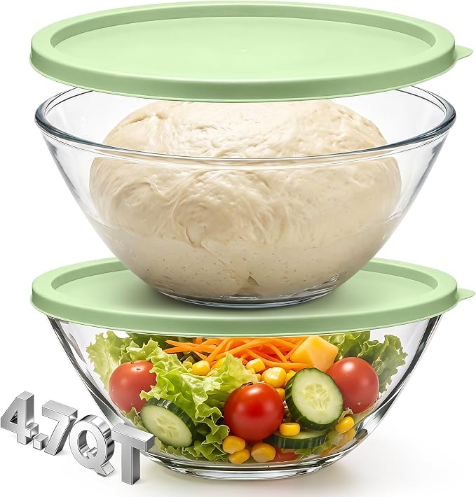 2 Pcs 4.75 Qt Glass Mixing Bowl with Lid Thickened Borosilicate Glass Bowl for Baking Sourdough, Meal Prep, Salad, Mixing, Microwave Storage Prepping Freezer Safe
