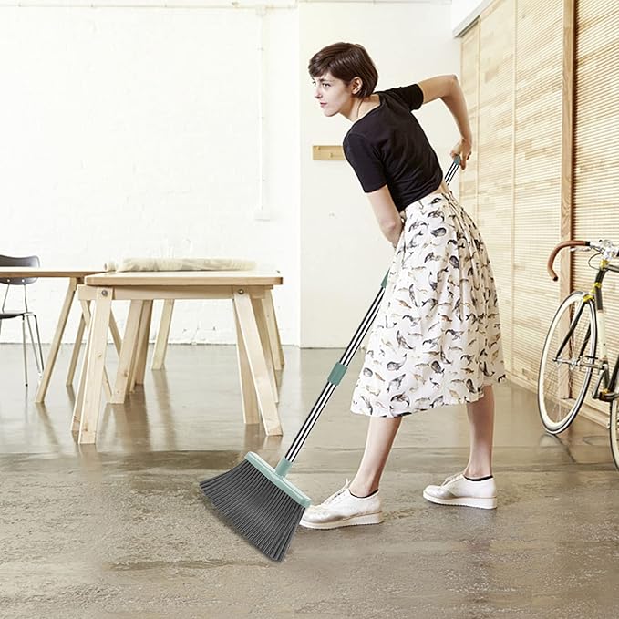 Upgrade Broom and Dustpan Set, Large Size and with Long Handle, Upright,Ideal for Indoor Outdoor Garage Kitchen Room Office Lobby Use (Green)