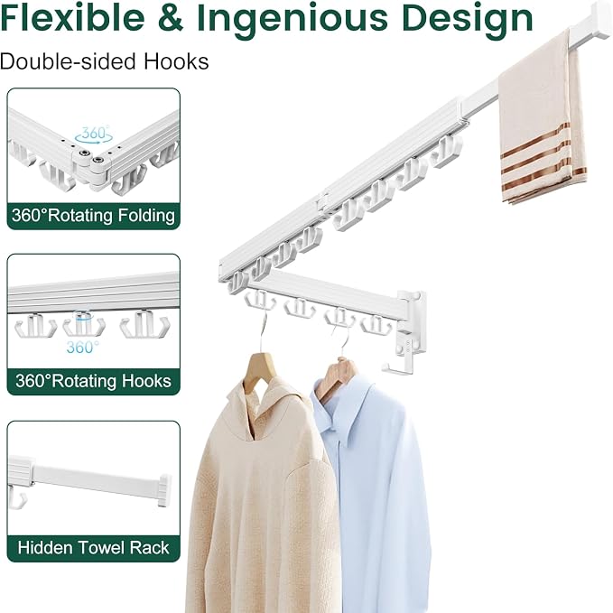Kelisiting Wall Mounted Clothes Drying Rack, Laundry Drying Rack Wall Mount, 3-Fold Drying Rack Clothing, Foldable Clothes Drying Rack with 12 Dual Hooks Organization for Laundry Room Indoor - White