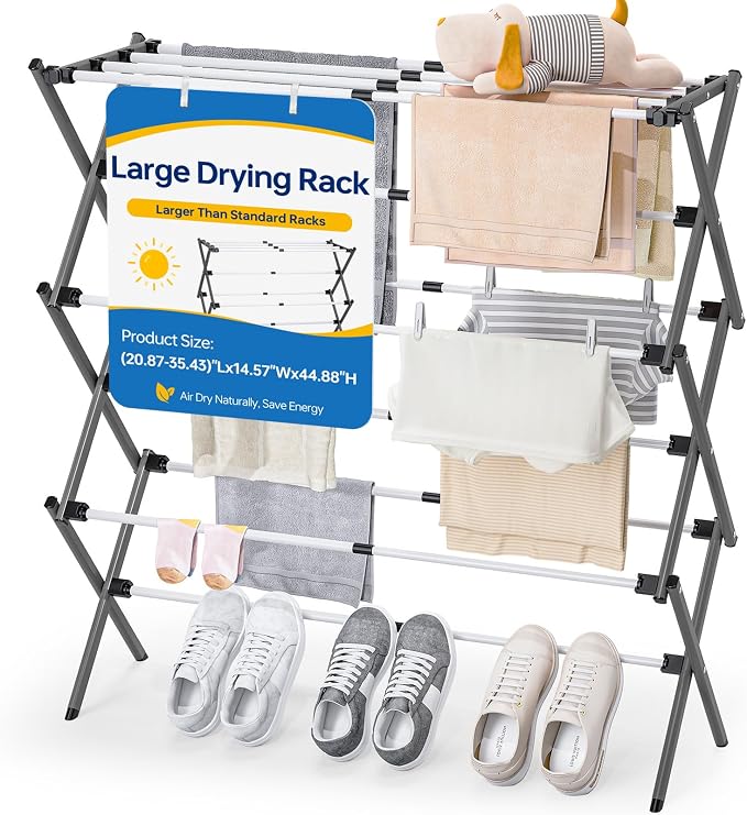 APEXCHASER Large Clothes Drying Rack, Metal Expandable Laundry Rack, 44.88" Height, Adjustable Width 20.87-35.43in, Space Saving Foldable, Indoor Outdoor Use for Laundry, Towels, Shoes, Grey White