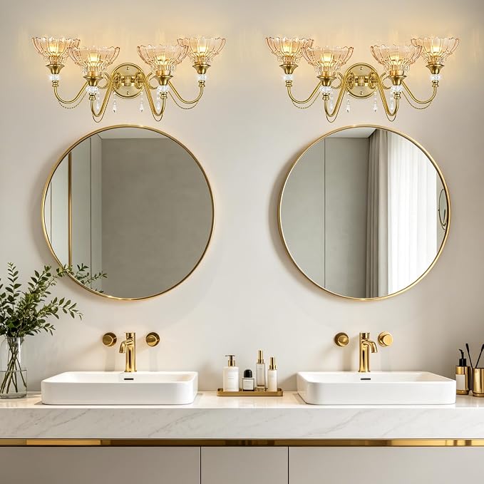 Vintage Bathroom Vanity Light, 4-Light Brushed Gold Finish Wall Sconce with Hanging Crystal Accents and Flower-Shaped Amber Glass Shades, Retro Wall Mount Vanity Light Over Mirror for Bathroom