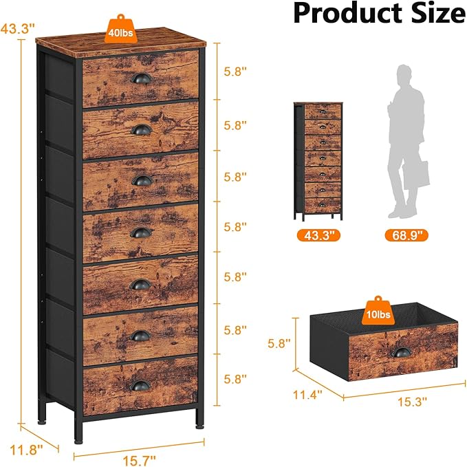 Furnulem Dresser for Bedroom, 7 Drawers Tall Chest of Drawers | Rustic Brown Storage Organizer, Fabric Bins, Metal Frame, Wood Desktop, Dorm Vertical Closet,Bedside Furniture in Living Room