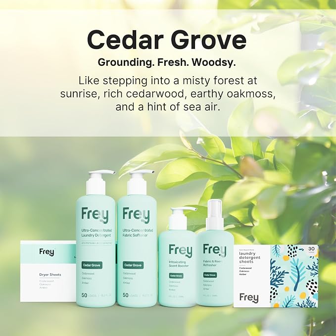 FREY The Complete Package - Concentrated Liquid Laundry Detergent, Fabric Softener, & Dryer Sheets (Cedar Grove)