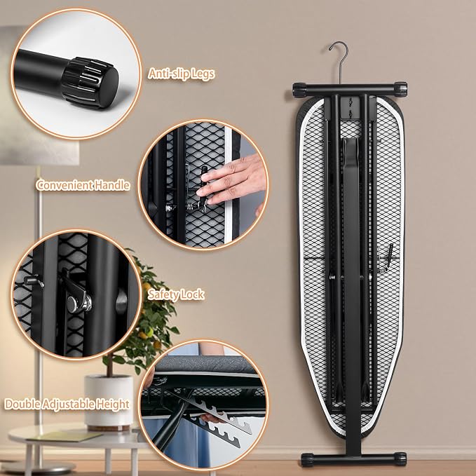Duwee 13"×43" Ironing Board Full Size with Moveable Iron Holder,Black | Iron Board with Heat Resistant Cover Thicken Felt Pad,Folding Adjustable Height Compact Ironing Board