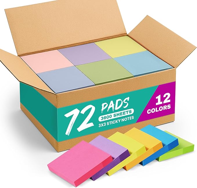 Sticky Notes, 72 Pads, 3x3 Inches Self-Stick Note Pads, Perfect for Office, Study, and Daily Life Organization - Bright