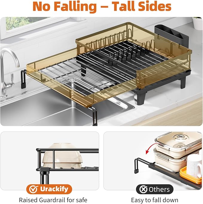 Urackify Expandable Sink Dish Drying Rack for Kitchen Counter, 1-Tier Black | Large Dish Racks, Sink Dish Drainer, Rustproof Dish Strainer with Utensil Holder, 12.3"-20.5" L x 15"W