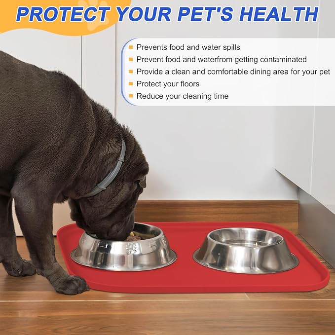SMILOOL Waterproof Silicone Pet Food Mat with Raised Edge for Dog & Cat | 22" x 14" Non-Slip Pet Feeding Mats with Lip for Food & Water Bowl, Food Grade, Easy Cleaning, Red
