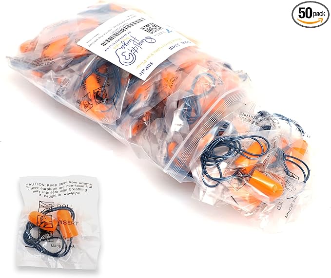 Metal Detectable Foam Earplugs 50 Pair - NRR 32dB with Detectable String - Noise Cancelling, Sound Blocking, Disposable, Corded Ear Plugs Bulk for Food Services, Industry, Pharmaceutical, Pulp & Paper