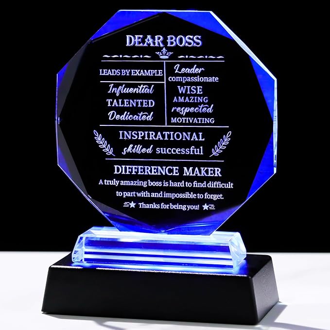 Movdyka Boss Gifts for Men Women Crystal Keepsakes with LED Base - Best Boss Day, Birthday, Christmas, Going Away, Thank You, Female Appreciation, Retirement, Office Decor
