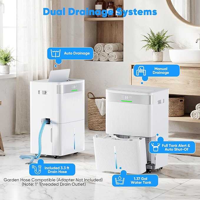 HUMILABS 82 Pints Dehumidifier for Home, 5000 Sq. Ft Dehumidifier for Basement with Drain Hose, Front LED Screen and 1.37 Gal Water Tank, Three Modes, Auto Defrost and 24HR Timer