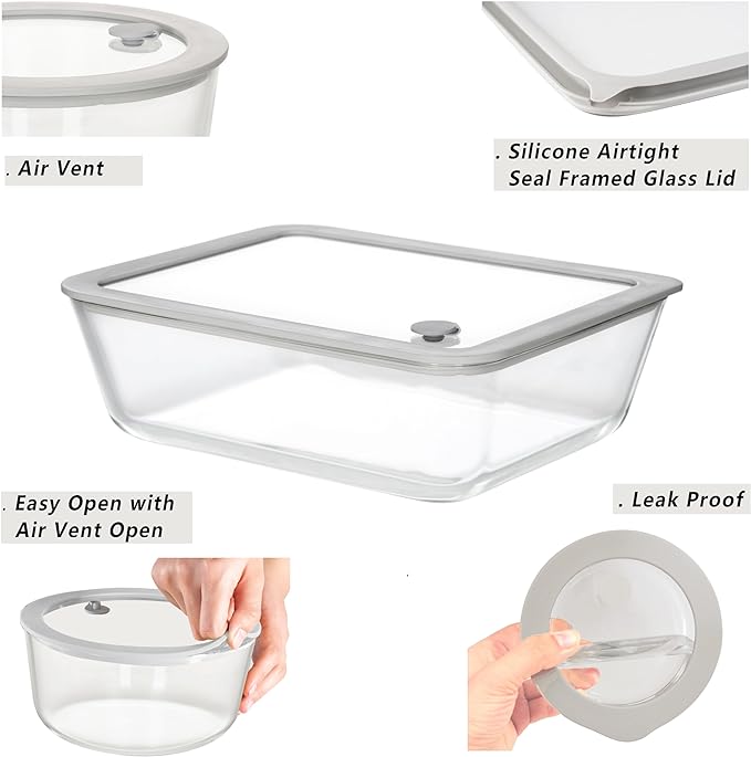 Glass Food Containers with Glass Lid, Microwave Safe Food Storage Container Set, 3 Pack of Large Size, Food Storage Containers with Lids, Meal Prep containers with Leak Proof Lid.