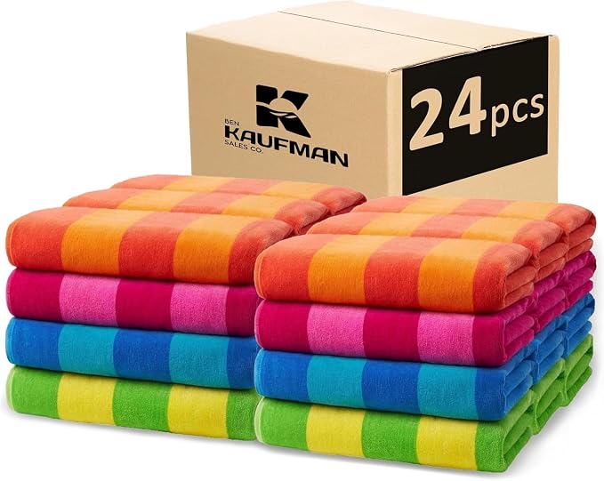 Kaufman - Soft Oversized Beach Towels in Bulk | 30" x 60" Velour Striped Beach Towel | Absorbent, Quick-Drying | 100% Cotton Thick Beach Towels (24)