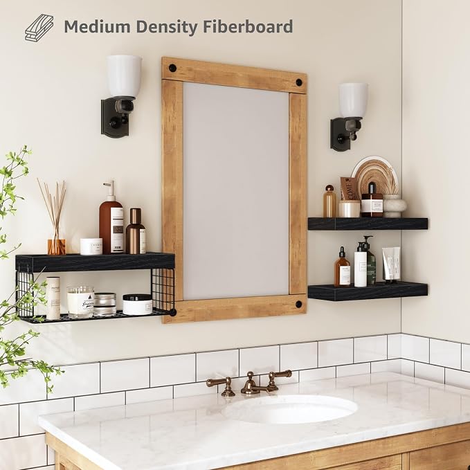 QEEIG Bathroom Shelves Over Toilet - Wall Mounted Floating Shelves Toilet Paper Storage Small Farmhouse Decor Shelf 16 inch Set of 3, Black (019-B3)