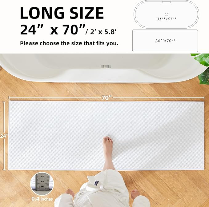 TYUU Bathroom Runner Rugs, Long Bath Mat Runner Washable Thin Quick Dry Low Pile Bathroom Runner Rugs Non Slip, White 24"x70"
