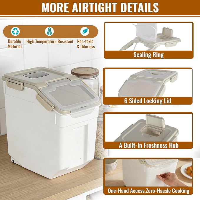4 Pack Rice Container 25 lbs Large Bulk Flour Sugar Storage Holdhouse Plastic Grain Cereal Dry Goods Bin with Spoon and Measuring Cup for Kitchen Pantry Organization - Grey
