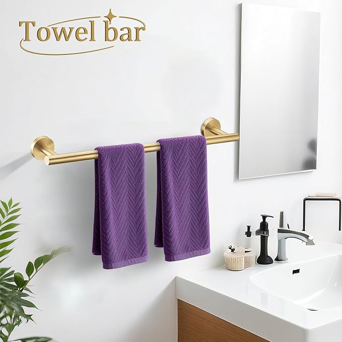 5 Pieces Bathroom Hardware Accessories Set Brushed Gold, 24Inch Bathroom Towel Rack Set SUS304 Stainless Steel, Round Toilet Paper Holder Heavy Duty, Wall Mounted