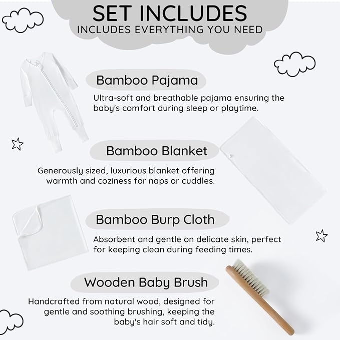 Luxury Baby Gift Set – 4-Piece Premium Bamboo Baby Essentials (Pajama, Blanket, Burp Cloth & Wooden Brush) – Soft, Eco-Friendly, Gender-Neutral Newborn Gift