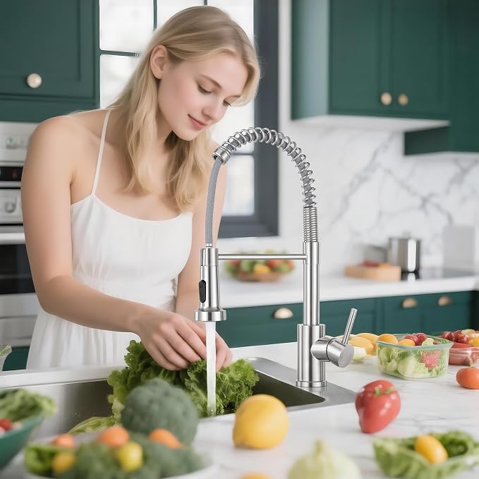 Kitchen Faucet with Pull Down Sprayer, Brushed Nickel | 2-mode sprayer, 360° high arc spout, 304 SS build, drip-free valve, fingerprint-resistant, DIY install, NSF certified