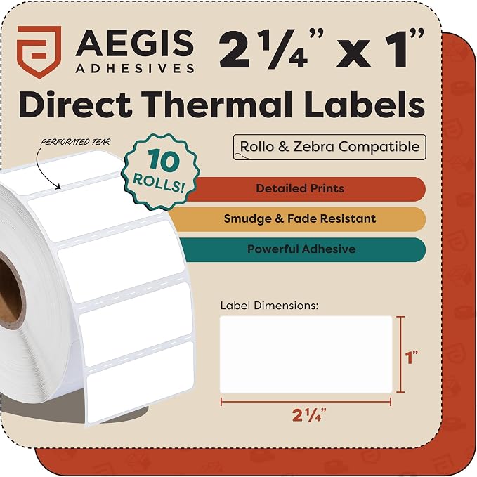 Aegis Adhesives - 2.25" X 1" Direct Thermal Labels (18000 Count, 12 Rolls) - Barcode Stickers, SKU Labels, Inventory Identification - Compatible with Zebra and Rollo Printers