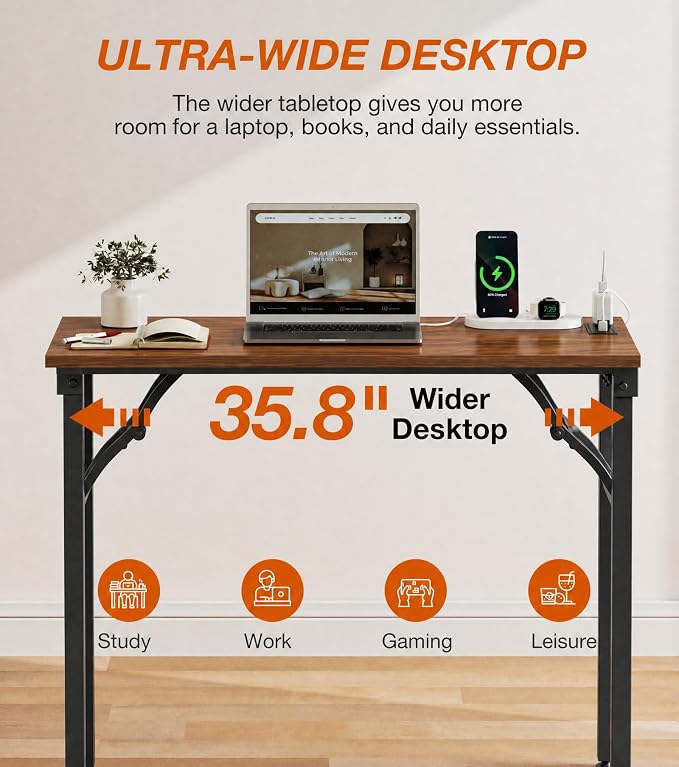 XBurmo Small Folding Desk Folding Table, No Assembly Foldable Desk Gaming Desk, 35.8-Inch Computer Table Workstation with 2 AC Outlets and 2 USB Ports for Bedroom and Home Office, Dark Walnut