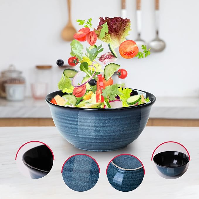 HASENSE Ceramic Mixing Bowls Set for Kitchen, Handmade Serving Dishes for Entertaining, 2.1/1.0/0.5 Qt Deep Microwave Safe Nesting Bowls for Storage and Baking, Blue
