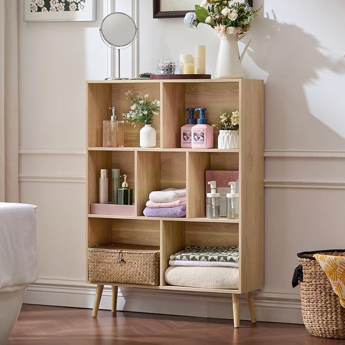 LEYAOYAO Cube Bookshelf, Mid-Century Modern Book Shelf with Legs,Light Wood | 3 Tier Bookcase, Rustic Wood Bookshelves Freestanding Small Storage Organizer, Open Shelves for Bedroom, Living Room, Office