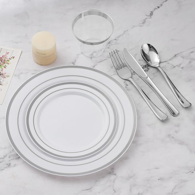 BESTVIP 900PCS Silver Dinnerware Set for 150 Guests, Plastic Plates for Party, 150 Silver Disposable Plates, 150 Dessert Plates, 150 Cups, 150 Spoons, 150 Forks and 150 Knives