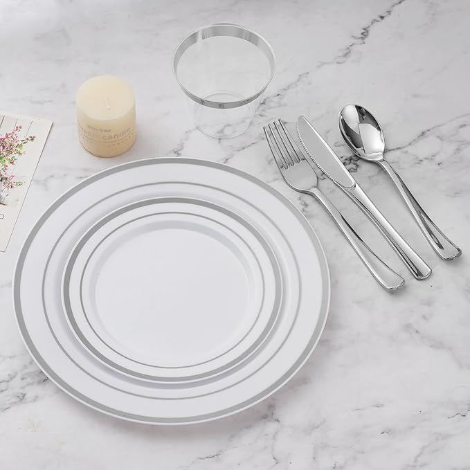 BESTVIP 300PCS Plastic Dinnerware Set (50 Guests), Silver Disposable Plates for Party, Wedding, Christmas, Anniversary, Includes: Dinner Plates, Dessert Plates, Cups, Spoons, Forks and Knives