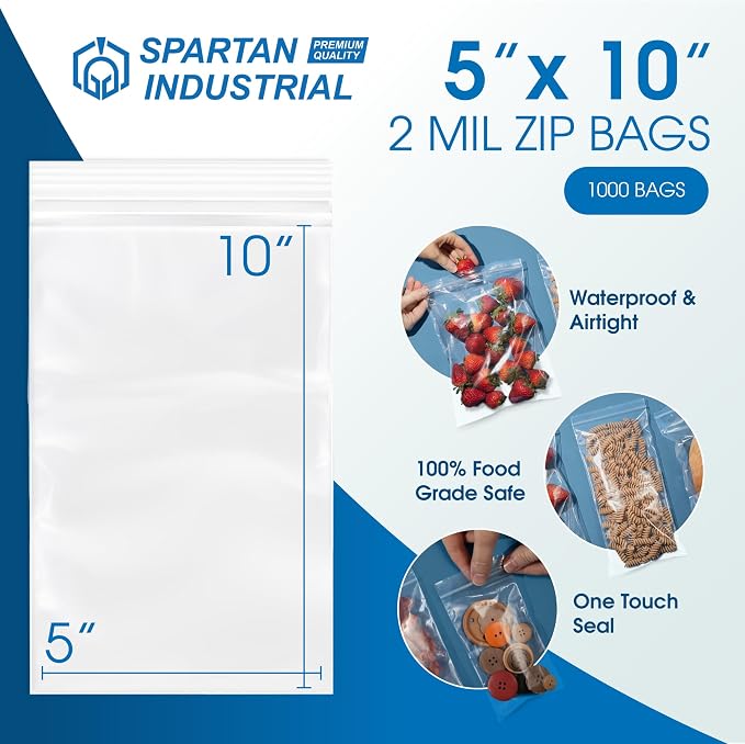 Spartan Industrial - 5” X 10” (1000 Count) 2 Mil Clear Reclosable Zip Plastic Poly Bags with Resealable Lock Seal Zipper