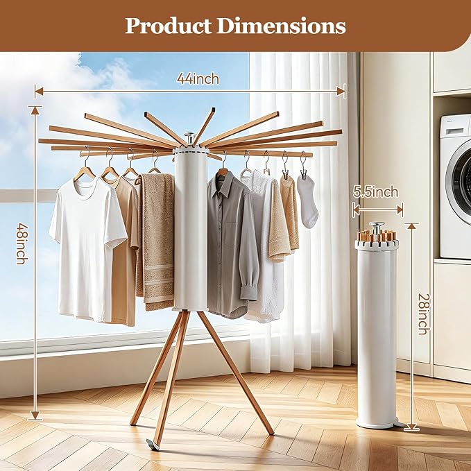 Clothes Drying Rack Wooden Tripod, Floor‑Mounted Garment Rack, Portable Foldable Space‑Saving Laundry Dryer with 16 Drying Poles, Ideal for Small Apartments, Balconies and Bedrooms
