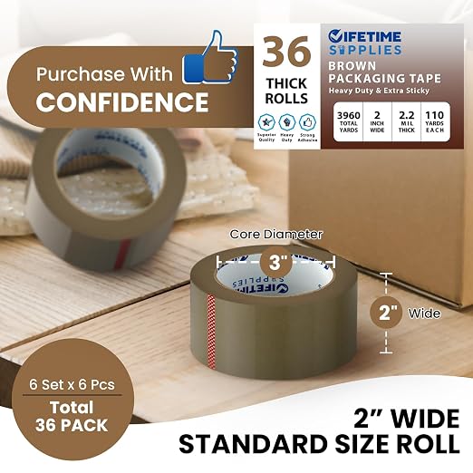 Lifetime Supplies 36 Rolls [Upgraded] 2" Brown Premium Packing Tape, 110 Yards, 2.2 mil, Heavy Duty Packaging Tape for Shipping, Moving, Sealing - Stronger & Thicker