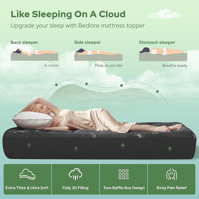 BEDLORE Twin XL Mattress Topper Viscose Derived from Bamboo, Thick Pillow Top Mattress Pad with Deep Pockets for 6-15 inches Mattress, Soft Mattress Topper College Dorm Size for Back Pain(Dark Gray)