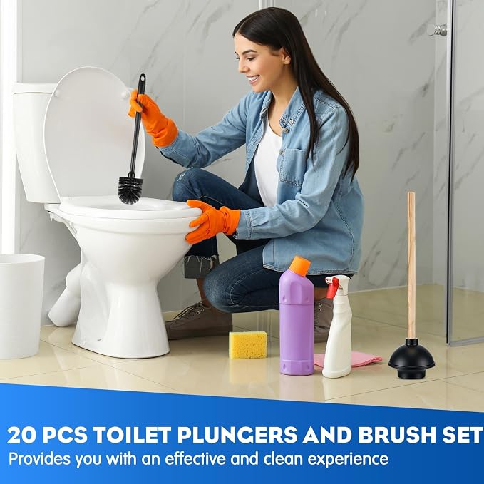 Sawysine 20 Pcs Commercial Toilet Plunger and Brush Set 6 Pack 18" Rubber Plunger with Double Thrust Force Suction Cup Handle and 6 Pack 16.54" Toilet Bowl Brush Bulk for Store Restaurant (Wood)