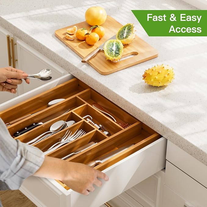 Pipishell Bamboo Expandable Drawer Organizer for Utensils Holder, Adjustable Silverware Organizer Cutlery Tray, Drawer Dividers for Utensils, Flatware, Knives in Kitchen, Bedroom, Living Room(M-Brown)