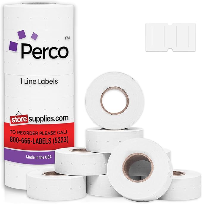 Perco 1 Line White Labels - 8,000 Blank Price and Date Gun Labels for Perco Lite, X, Plus and Pro 1 Line Price and Date Guns- 8 Rolls, 1 Sleeve - Made in USA